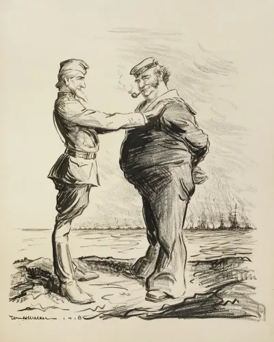 Uncle Sam In Army Uniform And A Man Representing Great Britain In A Navy Uniform Meet As Friends On A Shore