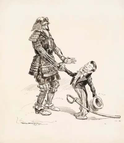 Uncle Sam In Japanese Armor Shakes Hands With A Japanese Man In A Suit And Carrying A Large Sword