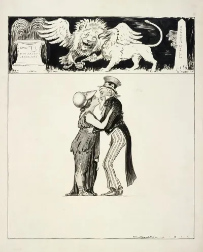 Uncle Sam Kisses A Stout Woman Probably Representing Great Britain