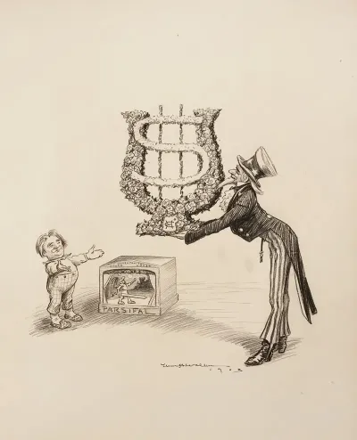 Uncle Sam Offers A Wreath Shaped Like A Dollar Sign To Parsifal And The Metropolitan Opera House Depicted As A Boy And A Puppet Stage