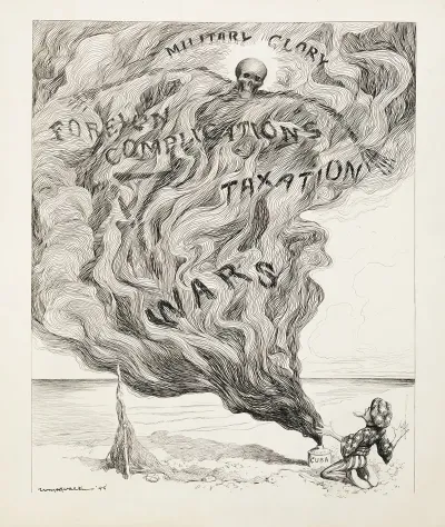 Uncle Sam Opens A Bottle Labeled Cuba And A Smoke With A Skeleton Pours Out