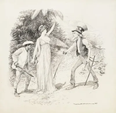 Uncle Sam Prepares To Fight A Black Man With A Sword But Is Stopped By A Woman Wearing A Wreath On Her Head