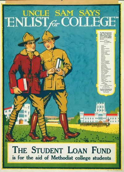 Uncle Sam Says Enlist For College The Student Loan Fund Is For The Aid Of Methodist College Students