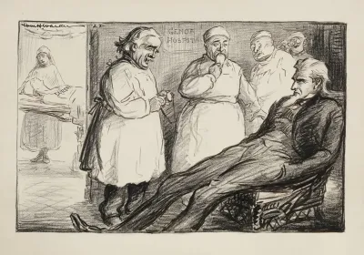 Uncle Sam Sits In The Waiting Room Of Genoa Hospital Attended To By Several Doctors