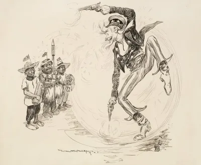 Uncle Sam Smiles Jumps And Fires Two Guns To Try To Impress Three Men Representing The Philippines Cuba And Porto Rico