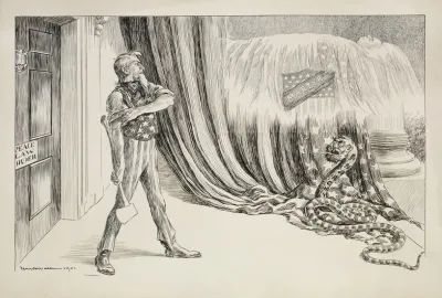 Uncle Sam Stands Before A Door Labeled Peace Law Order And Prepares To Strike A Snake Representing Anarchy