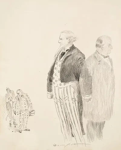 Uncle Sam Stands Guard Between A Gentleman And Three Men Lead By A Man Carrying A Bucket Of Mud And Wearing A Suit Made Of Cards