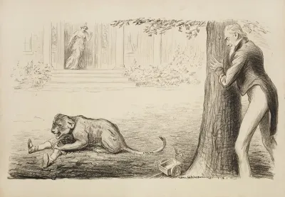 Uncle Sam Watches From A Behind A Tree As A Lion Cub Representing The I W W Industrial Workers Of The World Mauls A Young Boy