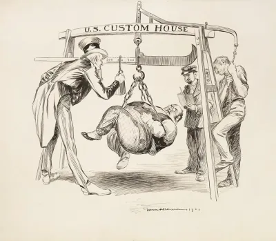 Uncle Sam Weighs A Fat Man At The U S Custom House