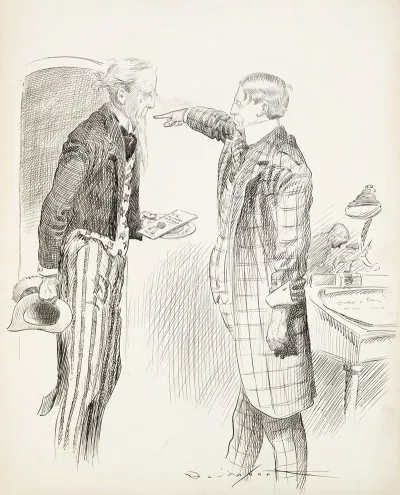 Uncle Sam With Torn Clothes And Tears In His Eyes Tries To Offer An Invitation To The Honorable W R H But Is Ordered To Leave