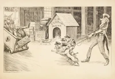 Uncle Sam With U S Custom Officials Depicted As Attack Dogs Confronting Passengers As They Disembark From A Ship After A World Cruise