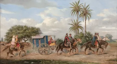 Une Caravane De Gauchos Et Leurs Chariots Traversant La Pampa Argentine