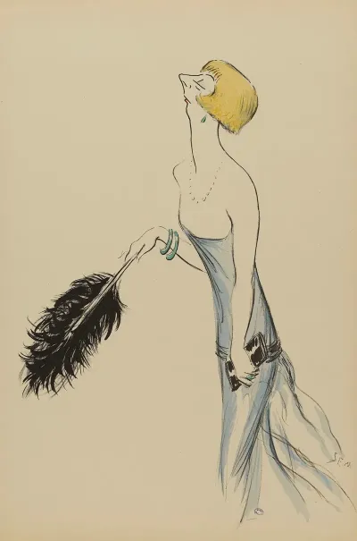 Une Femme En Robe Bleue Tenant Une Plume Dautruche Noire