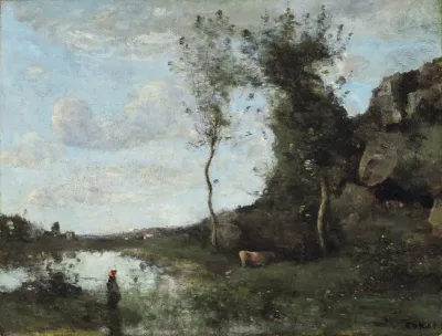 Une Paysanne Et Sa Vache A La Mare En Vue Dun Village