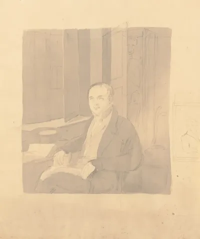 Unfinished Three Quarter Portrait Of A Physician Seated At A Desk With A Skeleton In The Closet Behind Him