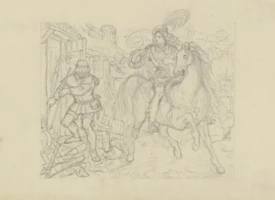 Ungedeutete Szene Ein Ritter Mit Armbrust An Einer Hutte Haltend Ein Knappe Betritt Diese 2
