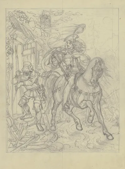 Ungedeutete Szene Ein Ritter Mit Armbrust An Einer Hutte Haltend Ein Knappe Betritt Diese