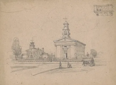 Unidentified Church Next To A Greek Revival Home On A City Street With Fence And Pedestrians