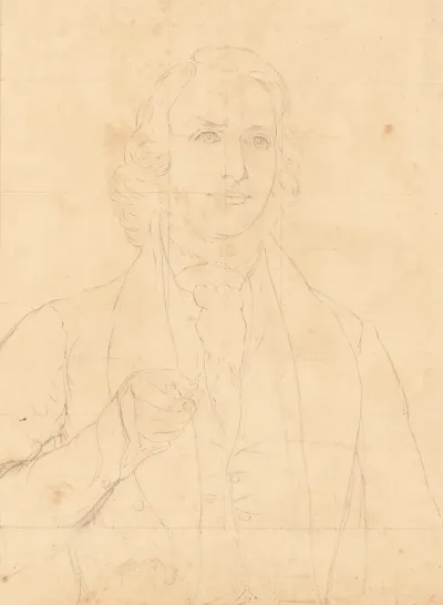 Unidentified Half Length Portrait Of A Man With Wavy Hair And A Beard Wearing A Cravat And Gesturing Forward