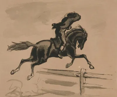 Unidentified Illustration Of A Rider Jumping A Fence
