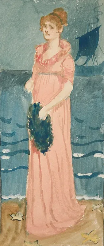 Unidentified Illustration Of Woman On A Beach Ship In Distance