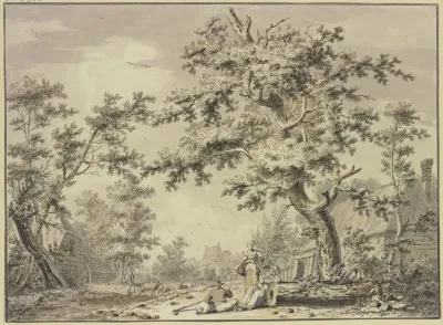 Unter Einem Baum Zwei Frauen Und Ein Bauer Mit Einem Sack