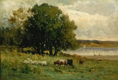 Untitled Cattle Near River With Sailboat In Distance