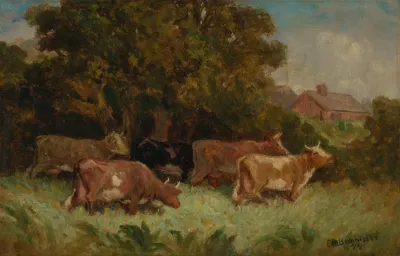 Untitled Five Cows In Pasture Rooftop In Background