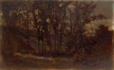 Untitled Forest Scene Fallen Tree In Foreground And House In Background
