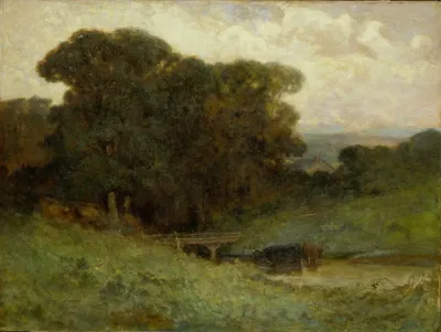 Untitled Forest Scene With Bridge Cows In Stream In Foreground