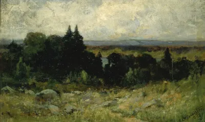 Untitled Landscape Fields With Rocks And Trees