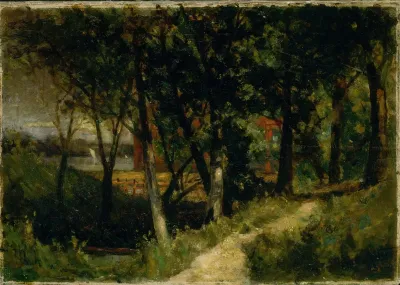 Untitled Landscape Forest Scene With Red Fence And Building