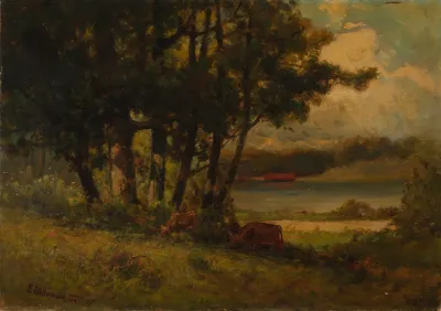 Untitled Landscape With Cows Grazing Near River