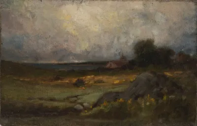 Untitled Landscape With Rock In Foreground And Roof With Steeple Lake In Background
