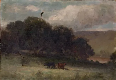 Untitled Landscape With Trees And Two Cows In Meadow