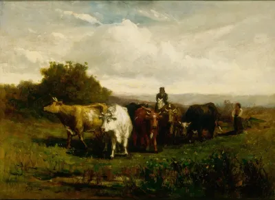 Untitled Man On Horseback Woman On Foot Driving Cattle