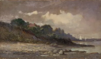 Untitled Shoreline With Sailboats And Roof