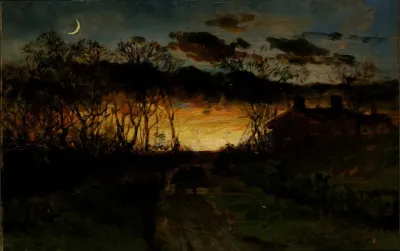 Untitled Sunset With Quarter Moon And Farmhouse