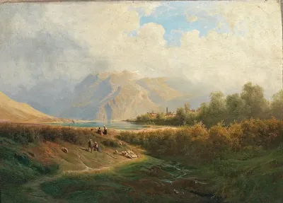 Upper Italian Town On A Lakeshore With Herd Of Sheep And Shepherd In The Foreground
