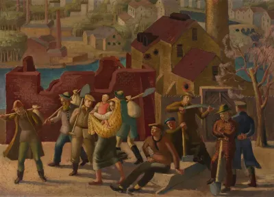 Urban Landscape With Workers Against The Background Of A Building