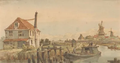 Vaart Met Een Boot Een Huis En Twee Molens