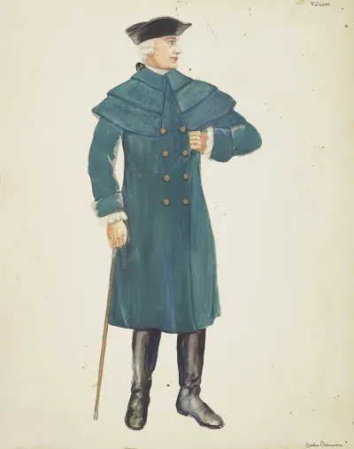 Valley Forge Blue Coat Black Boots Walking Stick And Black Tricorne Hat