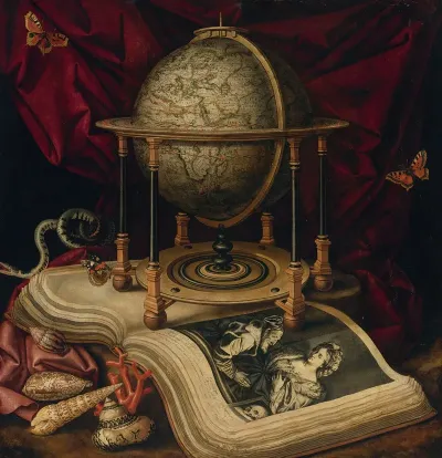 Vanitas Still Life With A Terrestrial Globe A Book Shells A Snake And Butterflies