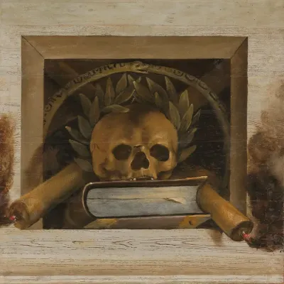 Vanitas Still Life With Scull With Laurel Wreath Book And Two Burning Candles