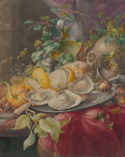 Vanitasstilleven Met Oesters En Schedel