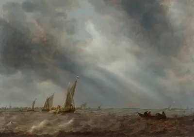 Various Sailing Vessels And A Rowing Boat With Fishermen On Choppy Waters Under A Stormy Sky