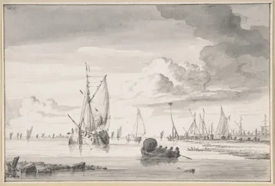 Various Ships And A Rowing Boat On An Estuary