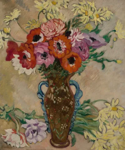 Vase Decore Aux Anemones Et Marguerites Jaunes De Savane