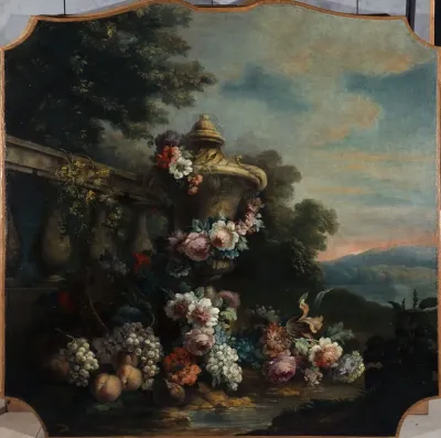 Vase Fleurs Et Fruits Dans Un Paysage