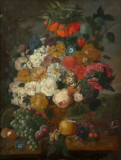 Vase Of Flowers And Fruits On An Entablature